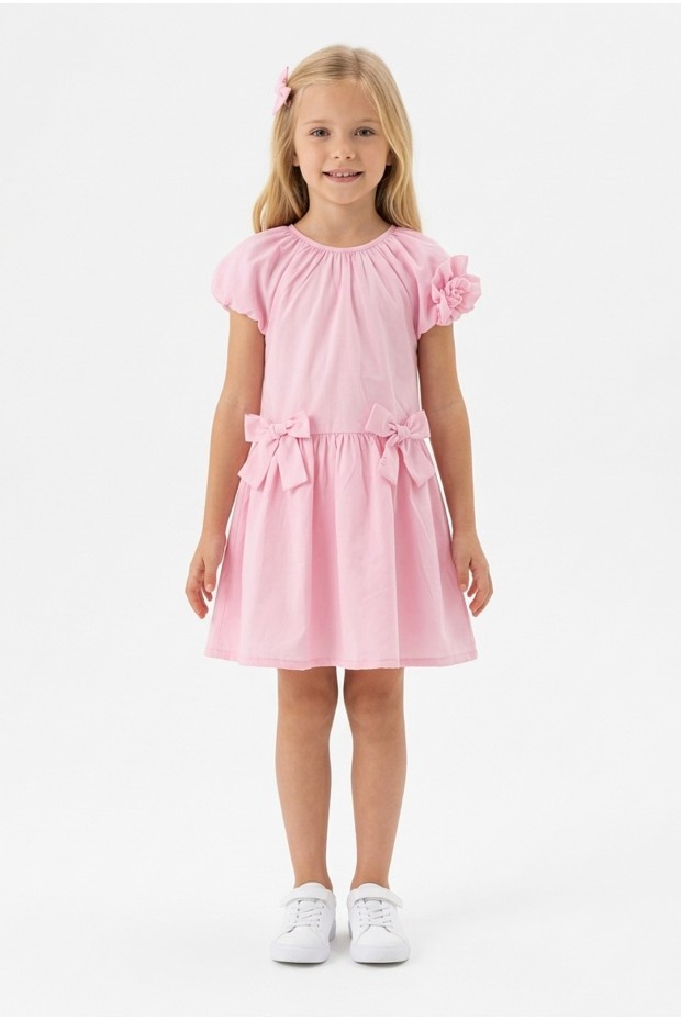 Kız Çocuk Karpuz Kollu Fiyonk Detay %100 Pamuk Vual Kumaş Elbise