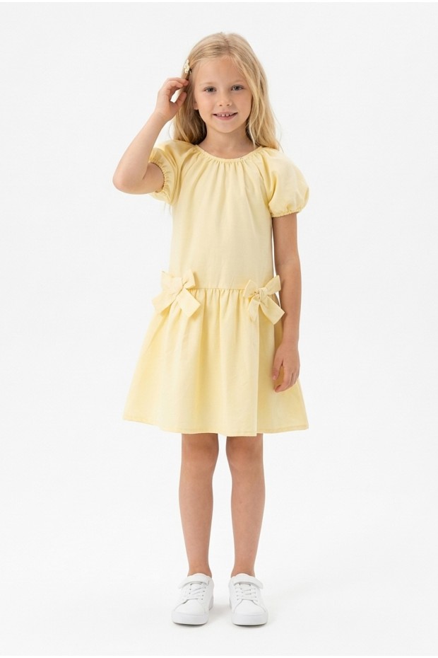 Kız Çocuk Karpuz Kollu Fiyonk Detay %100 Pamuk Vual Kumaş Elbise 