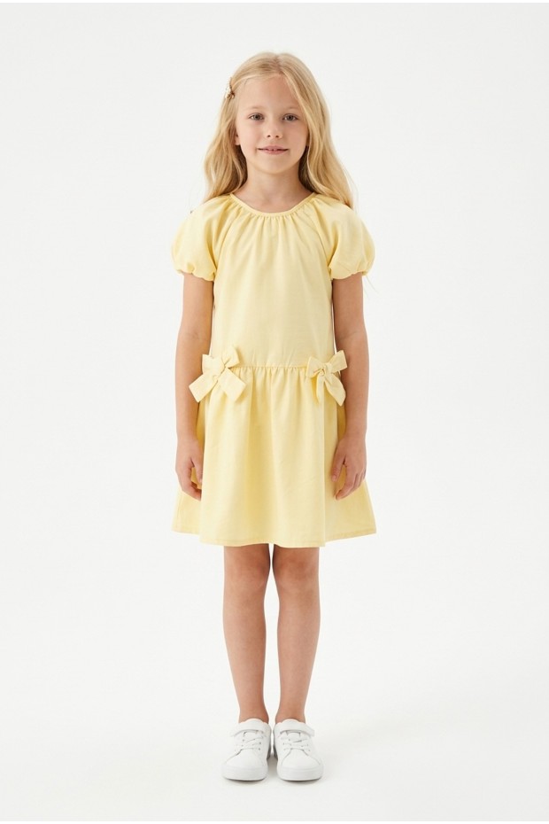 Kız Çocuk Karpuz Kollu Fiyonk Detay %100 Pamuk Vual Kumaş Elbise 