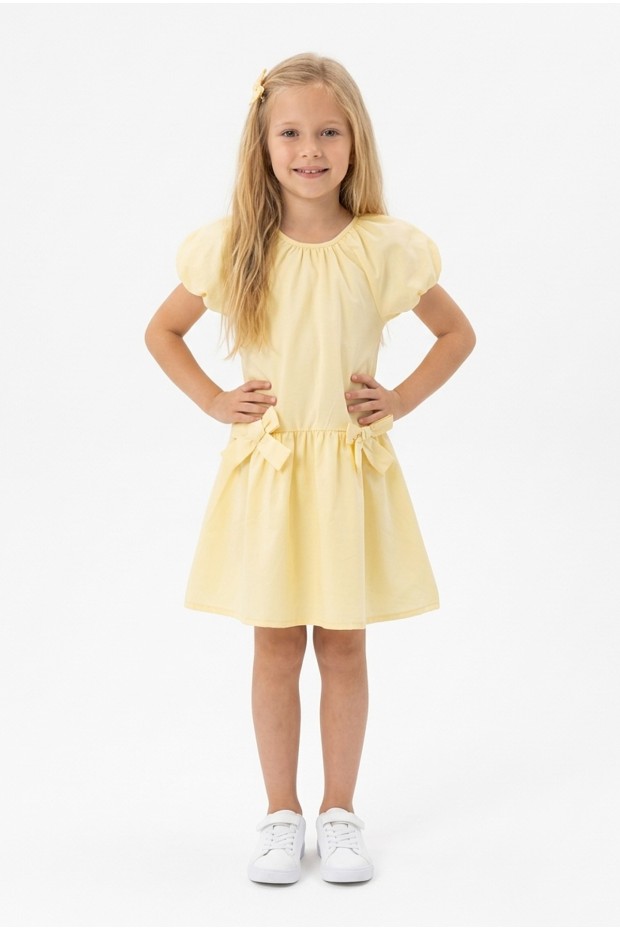 Kız Çocuk Karpuz Kollu Fiyonk Detay %100 Pamuk Vual Kumaş Elbise 