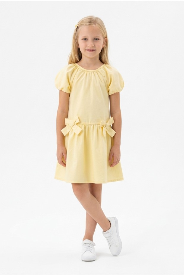 Kız Çocuk Karpuz Kollu Fiyonk Detay %100 Pamuk Vual Kumaş Elbise 