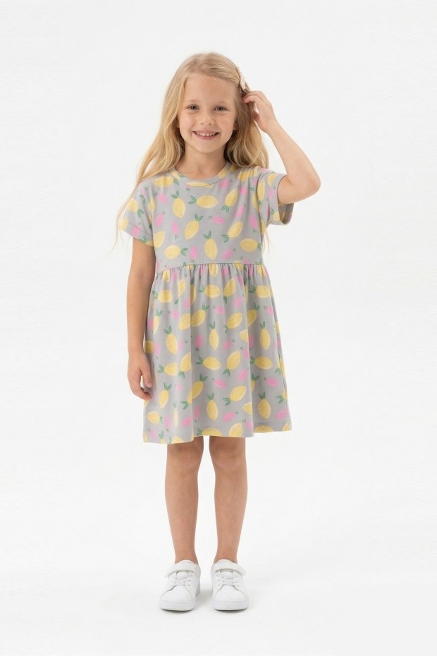 Kız Çocuk Bel Büzgülü Ananas ve Yaprak Desenli %100 Pamuk Süprem Kumaş Yazlık Elbise