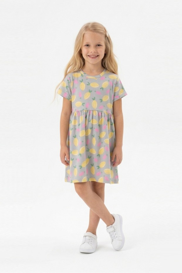 Kız Çocuk Bel Büzgülü Ananas ve Yaprak Desenli %100 Pamuk Süprem Kumaş Yazlık Elbise