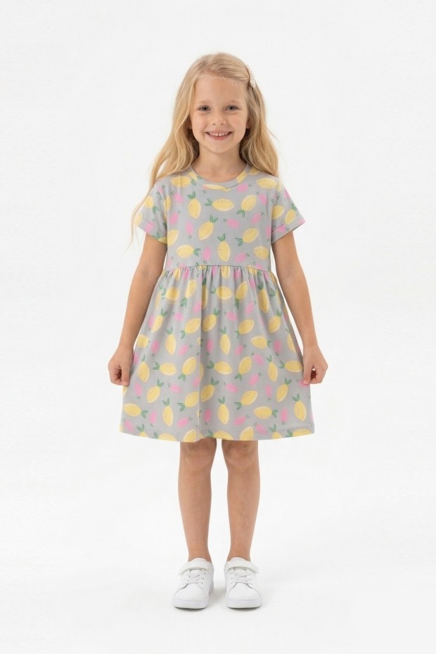 Kız Çocuk Bel Büzgülü Ananas ve Yaprak Desenli %100 Pamuk Süprem Kumaş Yazlık Elbise