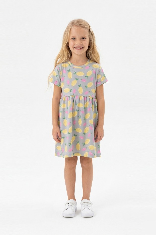 Kız Çocuk Bel Büzgülü Ananas ve Yaprak Desenli %100 Pamuk Süprem Kumaş Yazlık Elbise