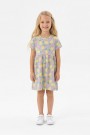 Kız Çocuk Bel Büzgülü Ananas ve Yaprak Desenli %100 Pamuk Süprem Kumaş Yazlık Elbise