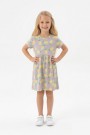 Kız Çocuk Bel Büzgülü Ananas ve Yaprak Desenli %100 Pamuk Süprem Kumaş Yazlık Elbise