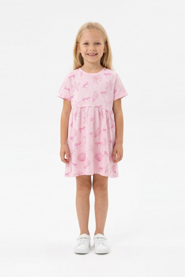 Kız Çocuk Bel Büzgülü Deniz Yıldızı Fiyonk Desenli %100 Pamuk Süprem Kumaş Yazlık Elbise