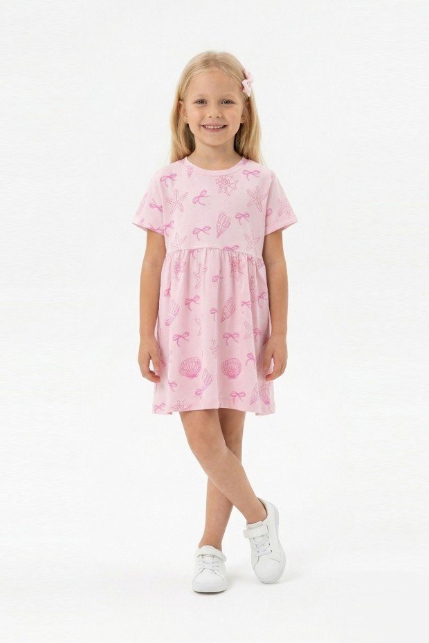Kız Çocuk Bel Büzgülü Deniz Yıldızı Fiyonk Desenli %100 Pamuk Süprem Kumaş Yazlık Elbise