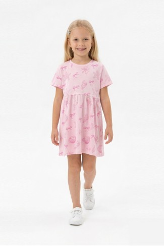 Kız Çocuk Bel Büzgülü Deniz Yıldızı Fiyonk Desenli %100 Pamuk Süprem Kumaş Yazlık Elbise