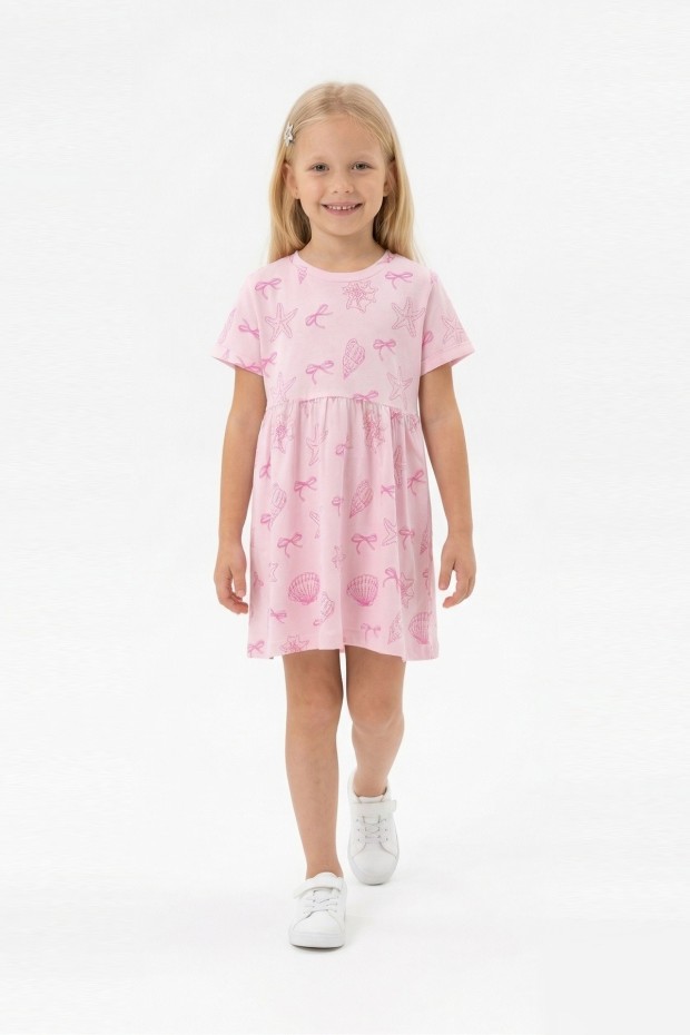 Kız Çocuk Bel Büzgülü Deniz Yıldızı Fiyonk Desenli %100 Pamuk Süprem Kumaş Yazlık Elbise