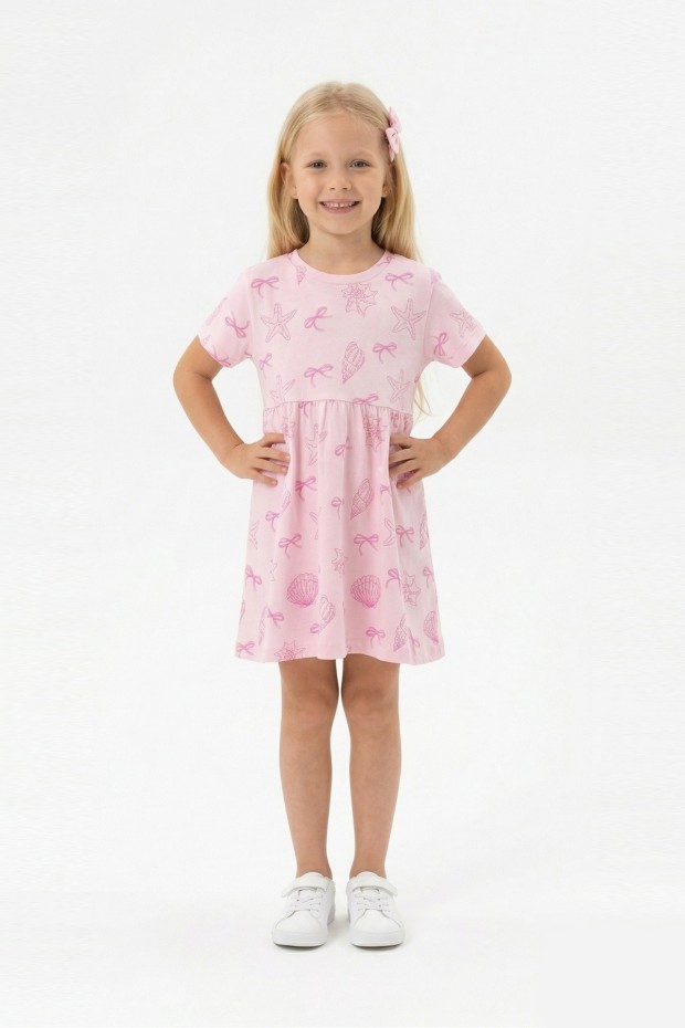 Kız Çocuk Bel Büzgülü Deniz Yıldızı Fiyonk Desenli %100 Pamuk Süprem Kumaş Yazlık Elbise