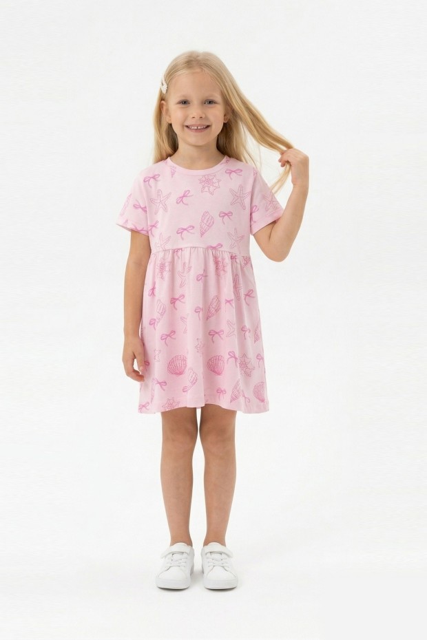 Kız Çocuk Bel Büzgülü Deniz Yıldızı Fiyonk Desenli %100 Pamuk Süprem Kumaş Yazlık Elbise