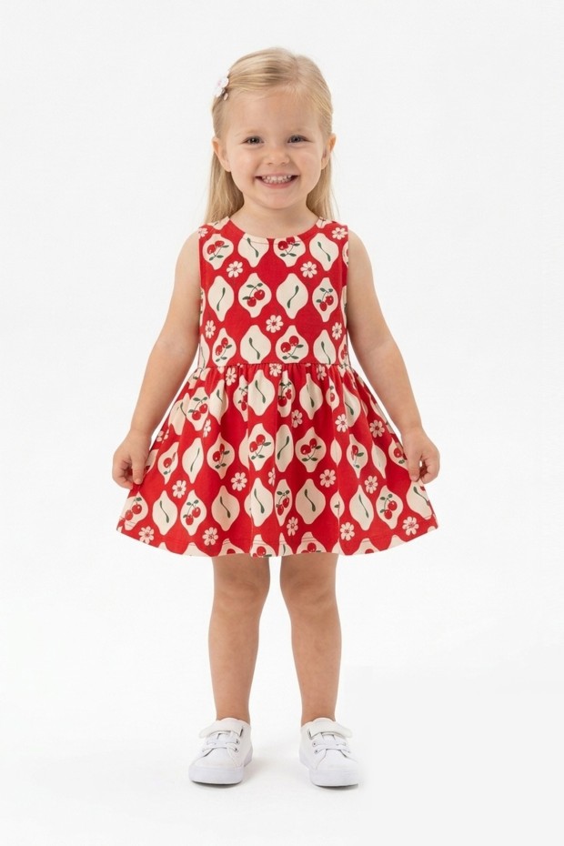 Kız Bebek Sıfır Kol Bel Büzgülü Kiraz Desenli %100 Pamuk Süprem Kumaş Yazlık Elbise