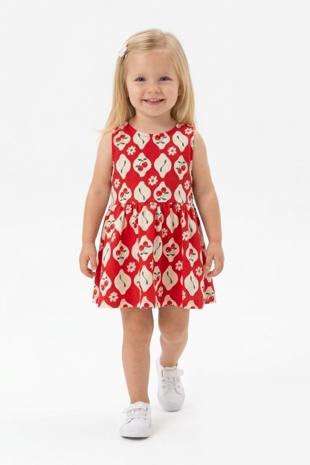 Kız Bebek Sıfır Kol Bel Büzgülü Kiraz Desenli %100 Pamuk Süprem Kumaş Yazlık Elbise