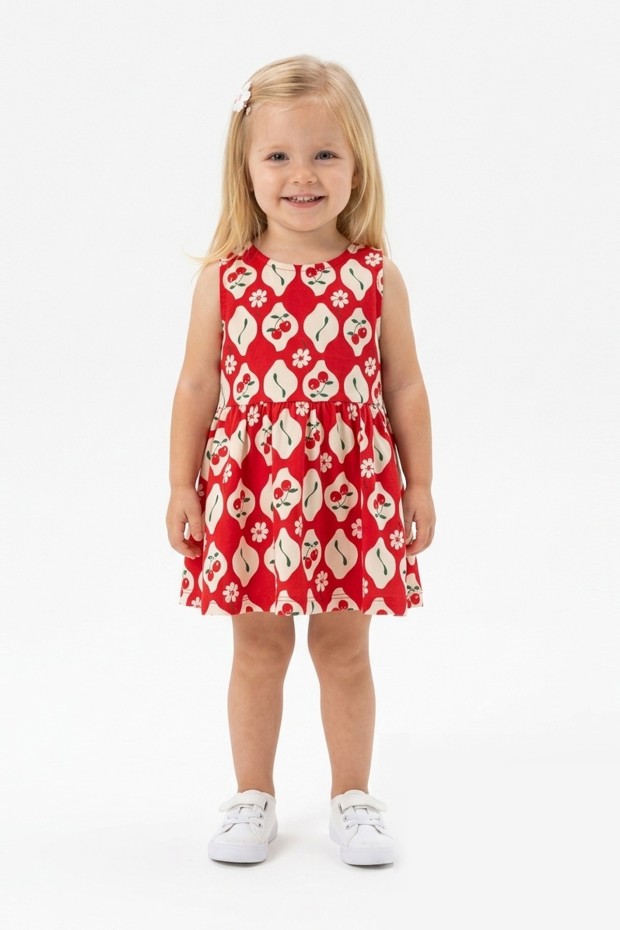 Kız Bebek Sıfır Kol Bel Büzgülü Kiraz Desenli %100 Pamuk Süprem Kumaş Yazlık Elbise
