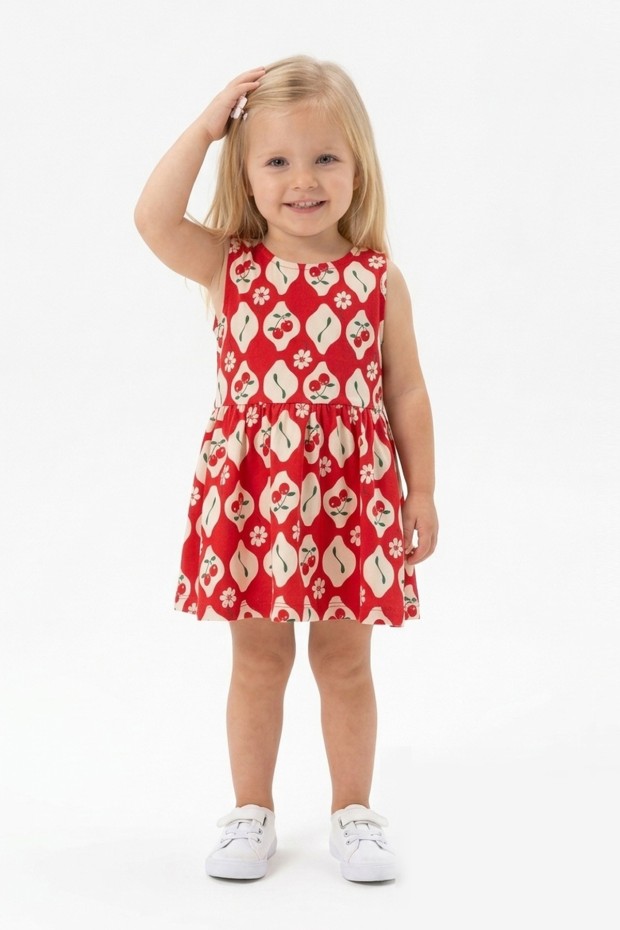 Kız Bebek Sıfır Kol Bel Büzgülü Kiraz Desenli %100 Pamuk Süprem Kumaş Yazlık Elbise