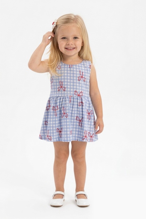 Kız Bebek Sıfır Kol Ekose Desenli Bel Büzgülü Fiyonk Baskılı %100 Pamuk Süprem Kumaş Yazlık Elbise