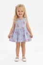Kız Bebek Sıfır Kol Ekose Desenli Bel Büzgülü Fiyonk Baskılı %100 Pamuk Süprem Kumaş Yazlık Elbise