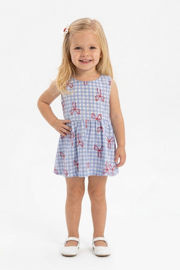 Kız Bebek Sıfır Kol Ekose Desenli Bel Büzgülü Fiyonk Baskılı %100 Pamuk Süprem Kumaş Yazlık Elbise