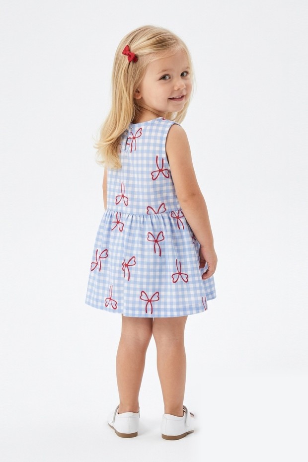 Kız Bebek Sıfır Kol Ekose Desenli Bel Büzgülü Fiyonk Baskılı %100 Pamuk Süprem Kumaş Yazlık Elbise