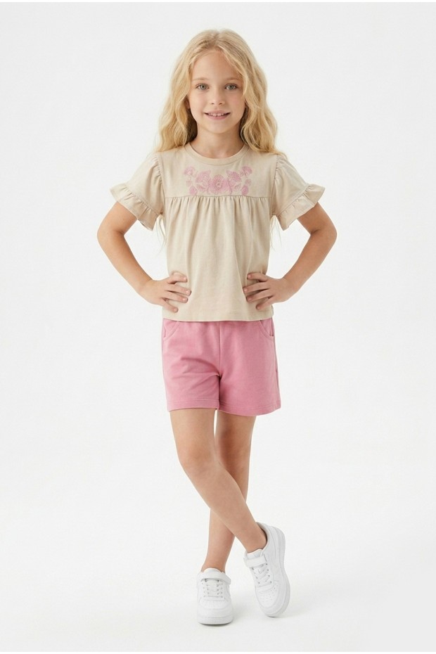 Kız Çocuk Çiçek Baskılı Omuz Fırfırlı 100% Pamuk Süprem Kumaş Tişört İki İplik Bel Büzgülü Şortlu Takım