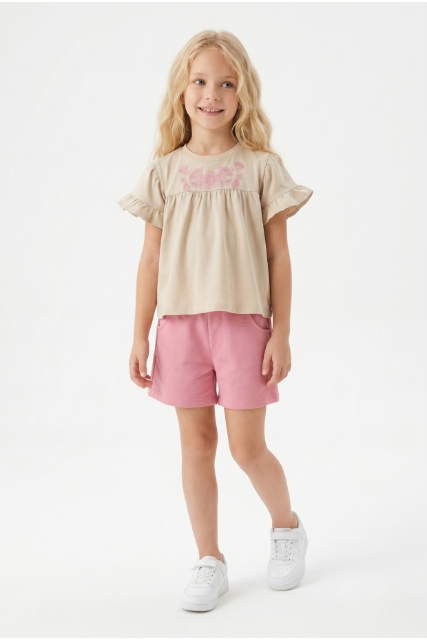 Kız Çocuk Çiçek Baskılı Omuz Fırfırlı 100% Pamuk Süprem Kumaş Tişört İki İplik Bel Büzgülü Şortlu Takım