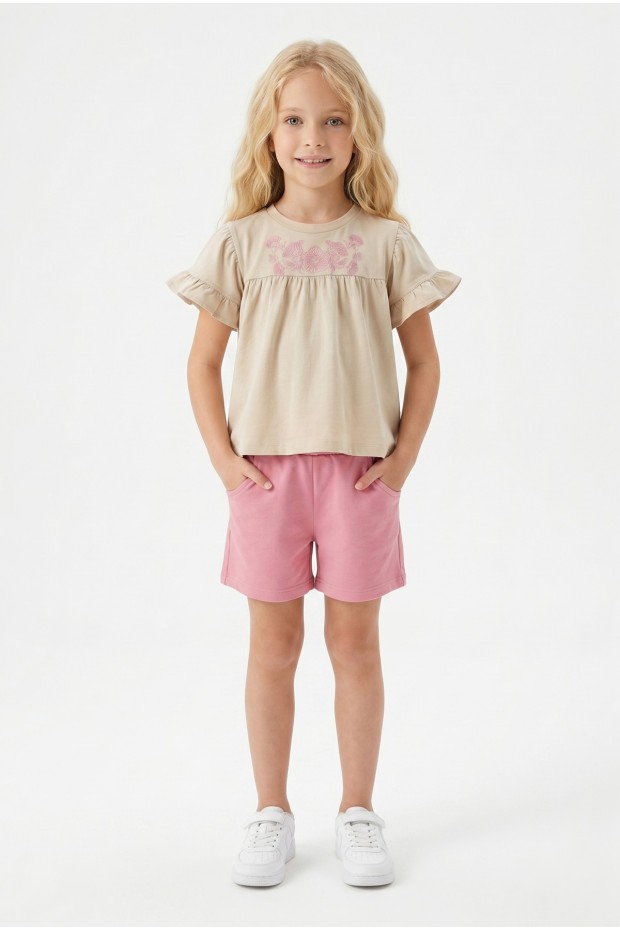 Kız Çocuk Çiçek Baskılı Omuz Fırfırlı 100% Pamuk Süprem Kumaş Tişört İki İplik Bel Büzgülü Şortlu Takım