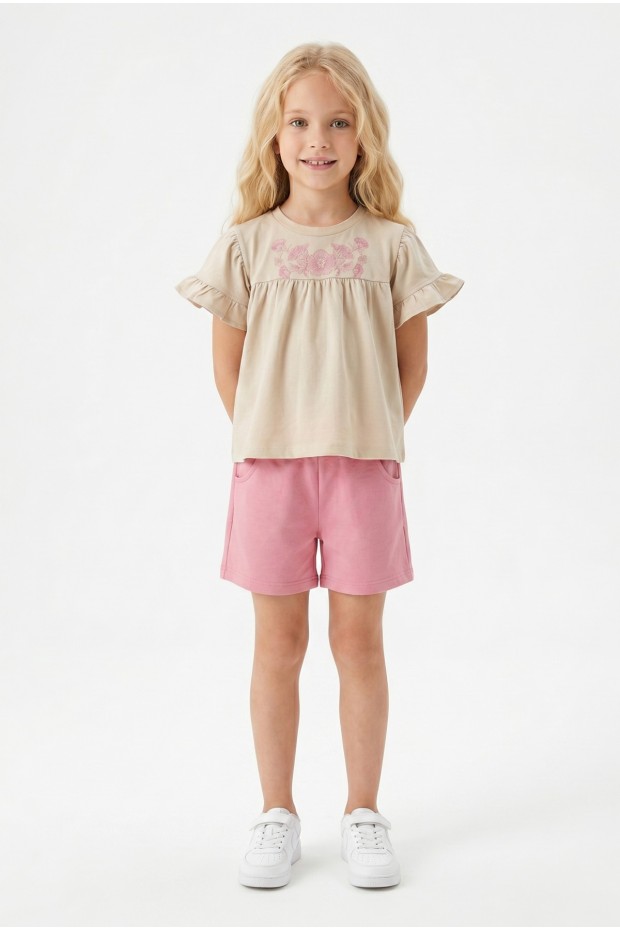 Kız Çocuk Çiçek Baskılı Omuz Fırfırlı 100% Pamuk Süprem Kumaş Tişört İki İplik Bel Büzgülü Şortlu Takım