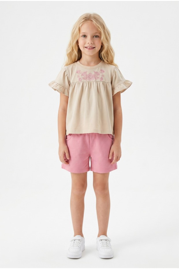 Kız Çocuk Çiçek Baskılı Omuz Fırfırlı 100% Pamuk Süprem Kumaş Tişört İki İplik Bel Büzgülü Şortlu Takım