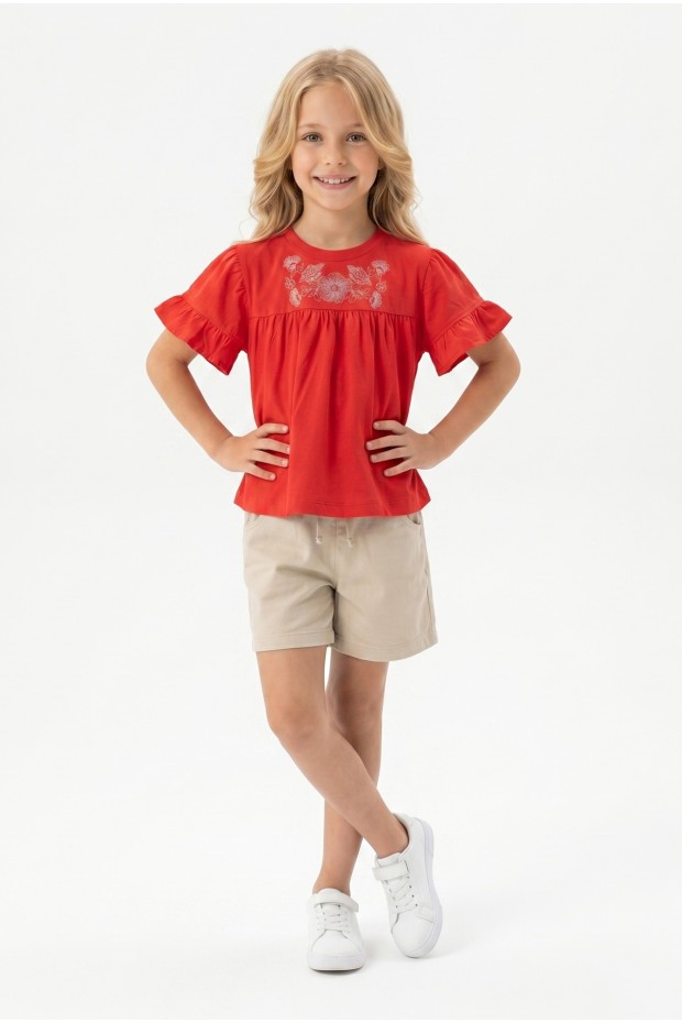 Kız Çocuk Çiçek Baskılı Omuz Fırfırlı 100% Pamuk Süprem Kumaş Tişört İki İplik Bel Büzgülü Şortlu Takım