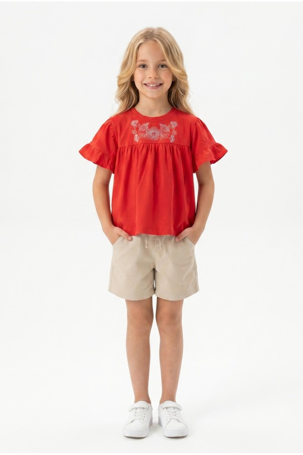 Kız Çocuk Çiçek Baskılı Omuz Fırfırlı 100% Pamuk Süprem Kumaş Tişört İki İplik Bel Büzgülü Şortlu Takım