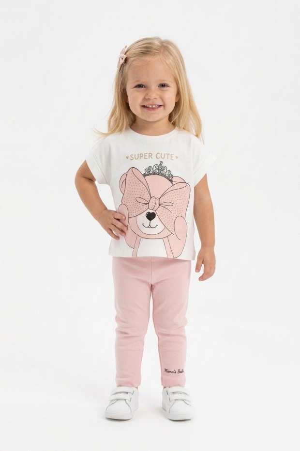 Kız Bebek Super Cute Yazılı %100 Pamuk Süprem Kumaş Ayıcık Baskılı Tişört ve Taytlı Takım