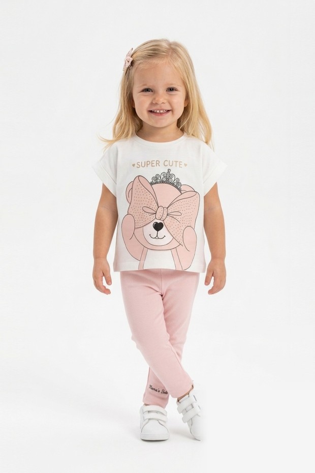 Kız Bebek Super Cute Yazılı %100 Pamuk Süprem Kumaş Ayıcık Baskılı Tişört ve Taytlı Takım