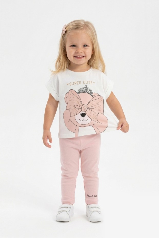 Kız Bebek Super Cute Yazılı %100 Pamuk Süprem Kumaş Ayıcık Baskılı Tişört ve Taytlı Takım