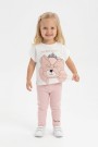 Kız Bebek Super Cute Yazılı %100 Pamuk Süprem Kumaş Ayıcık Baskılı Tişört ve Taytlı Takım