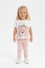 Kız Bebek Super Cute Yazılı %100 Pamuk Süprem Kumaş Ayıcık Baskılı Tişört ve Taytlı Takım