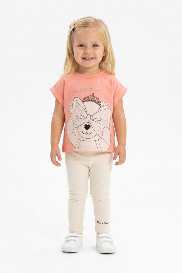 Kız Bebek Super Cute Yazılı %100 Pamuk Süprem Kumaş Ayıcık Baskılı Tişört ve Taytlı Takım