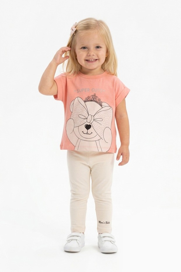 Kız Bebek Super Cute Yazılı %100 Pamuk Süprem Kumaş Ayıcık Baskılı Tişört ve Taytlı Takım
