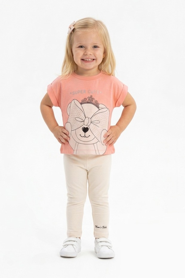 Kız Bebek Super Cute Yazılı %100 Pamuk Süprem Kumaş Ayıcık Baskılı Tişört ve Taytlı Takım