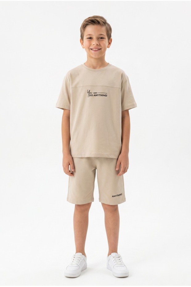 Erkek Çocuk Baskılı 100% Pamuk Süprem Kumaş Tişört İki İplik  Şortlu Takım 