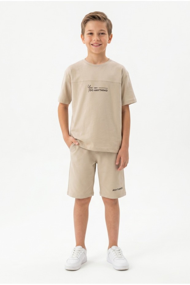 Erkek Çocuk Baskılı 100% Pamuk Süprem Kumaş Tişört İki İplik  Şortlu Takım 