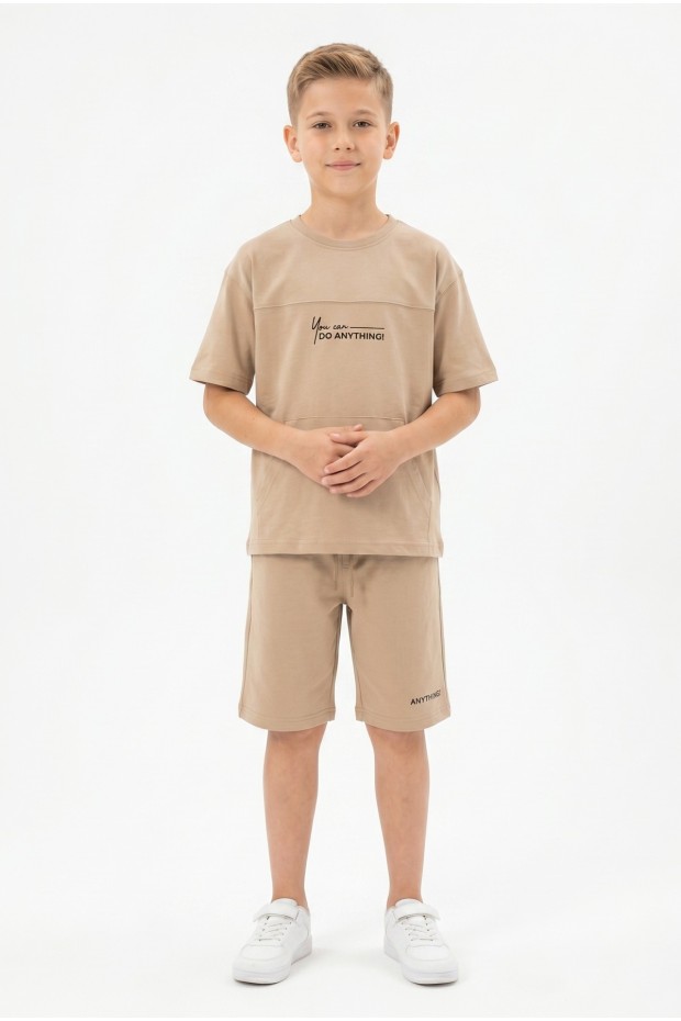 Erkek Çocuk Baskılı 100% Pamuk Süprem Kumaş Tişört İki İplik  Şortlu Takım