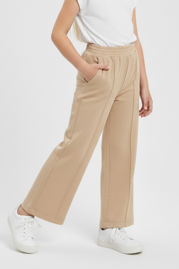 Kız Çocuk Önden Çizgi Detaylı Beli Lastikli Bol Paça Rahat Kesim Pantolon