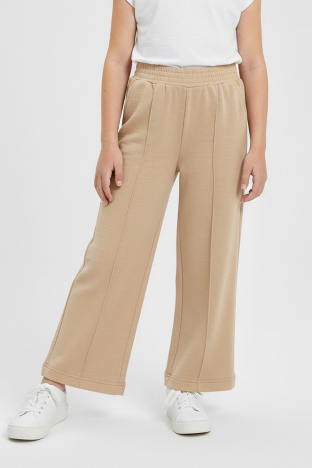 Kız Çocuk Önden Çizgi Detaylı Beli Lastikli Bol Paça Rahat Kesim Pantolon