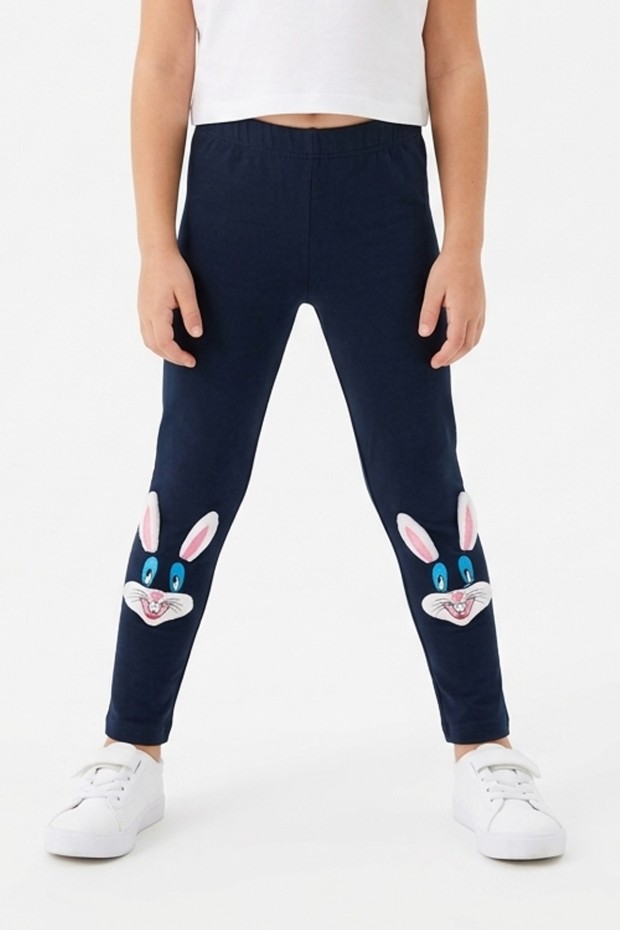 Kız Çocuk Tavşan Nakışlı Fiyonk Detaylı Esnek Pamuklu Tayt