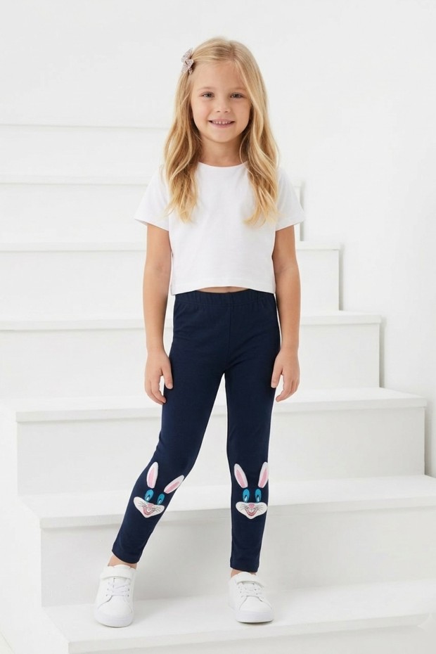 Kız Çocuk Tavşan Nakışlı Fiyonk Detaylı Esnek Pamuklu Tayt