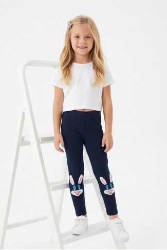 Kız Çocuk Tavşan Nakışlı Fiyonk Detaylı Esnek Pamuklu Tayt