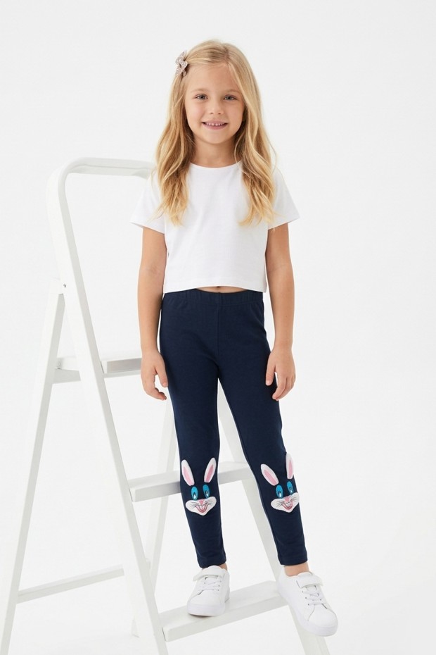 Kız Çocuk Tavşan Nakışlı Fiyonk Detaylı Esnek Pamuklu Tayt