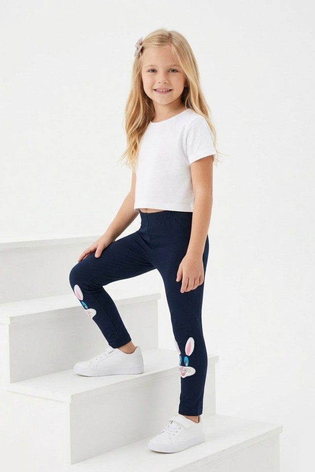 Kız Çocuk Tavşan Nakışlı Fiyonk Detaylı Esnek Pamuklu Tayt